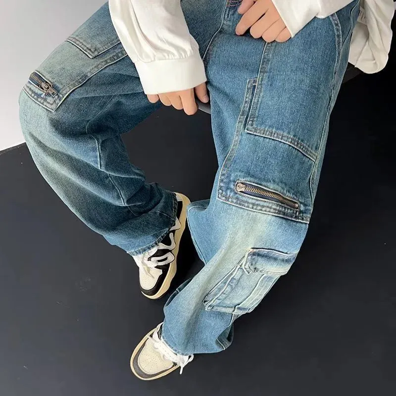 Flytonntore-Streetwear Men Outfits Tomboy Fits -90s streetwear -American Streetwear Multi-pocket Cargo Jeans For Men Y2K Vintage Wide Leg Denim Pants Hip Hop Fashion Baggy Jean Hombre Trousers