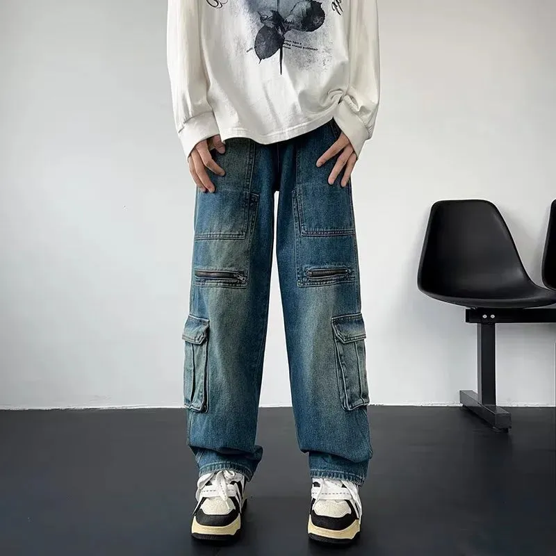 Flytonntore-Streetwear Men Outfits Tomboy Fits -90s streetwear -American Streetwear Multi-pocket Cargo Jeans For Men Y2K Vintage Wide Leg Denim Pants Hip Hop Fashion Baggy Jean Hombre Trousers