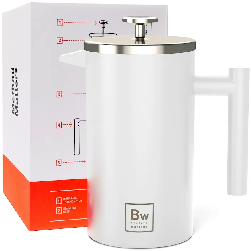 French Press with Thermometer Insulated Stainless Steel Coffee Maker (1.0L | 34fl oz) by Barista Warrior