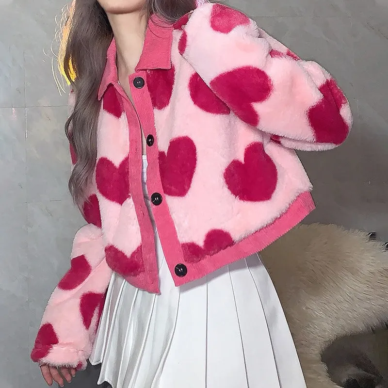 Fuzzy Pink Love Heart Pattern Plush Cropped Jackets