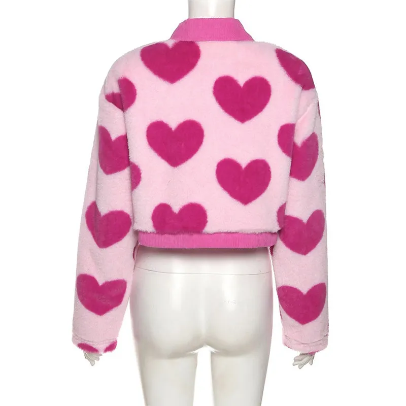 Fuzzy Pink Love Heart Pattern Plush Cropped Jackets