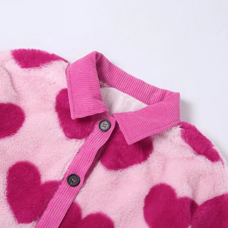 Fuzzy Pink Love Heart Pattern Plush Cropped Jackets