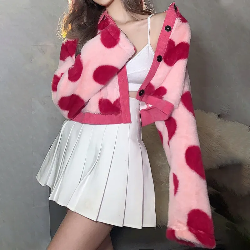 Fuzzy Pink Love Heart Pattern Plush Cropped Jackets