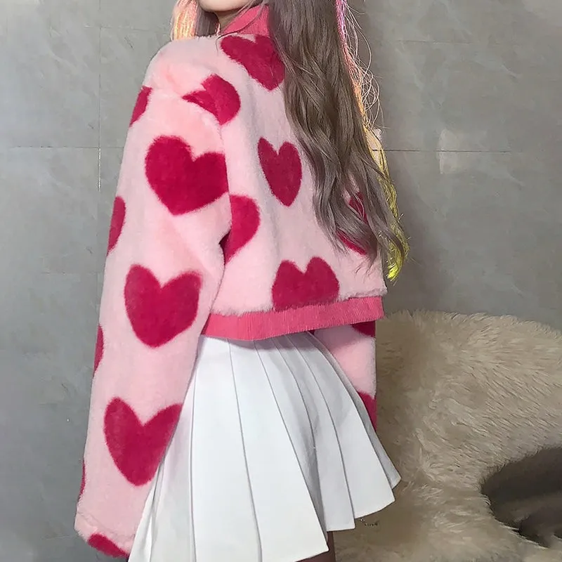 Fuzzy Pink Love Heart Pattern Plush Cropped Jackets