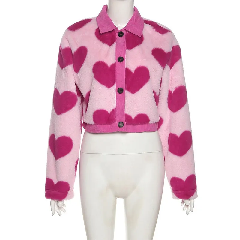 Fuzzy Pink Love Heart Pattern Plush Cropped Jackets