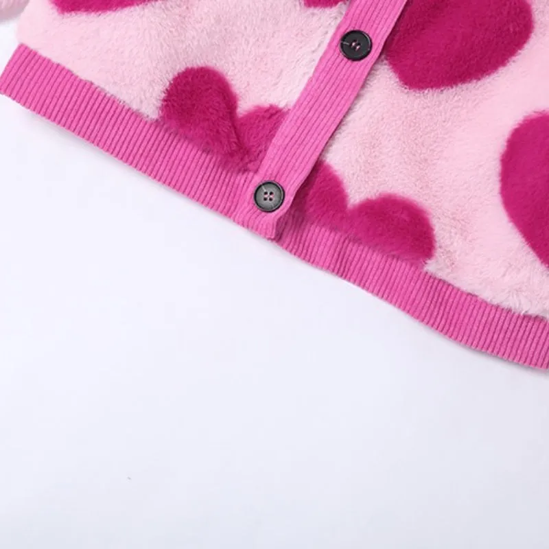 Fuzzy Pink Love Heart Pattern Plush Cropped Jackets