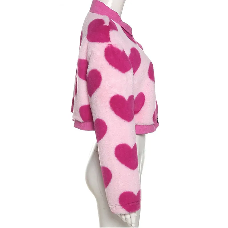 Fuzzy Pink Love Heart Pattern Plush Cropped Jackets