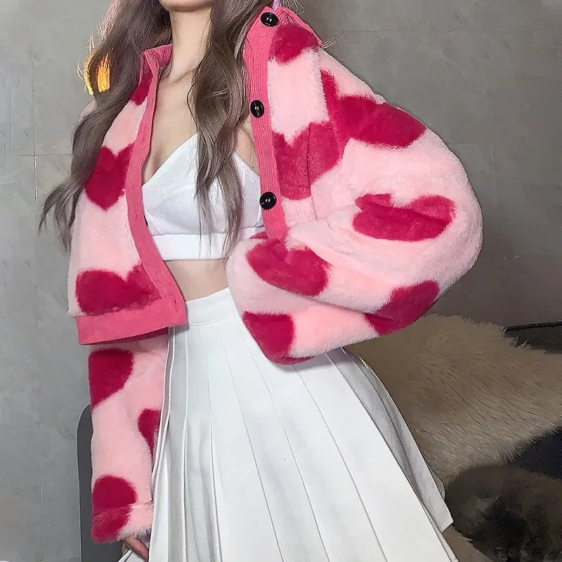 Fuzzy Pink Love Heart Pattern Plush Cropped Jackets