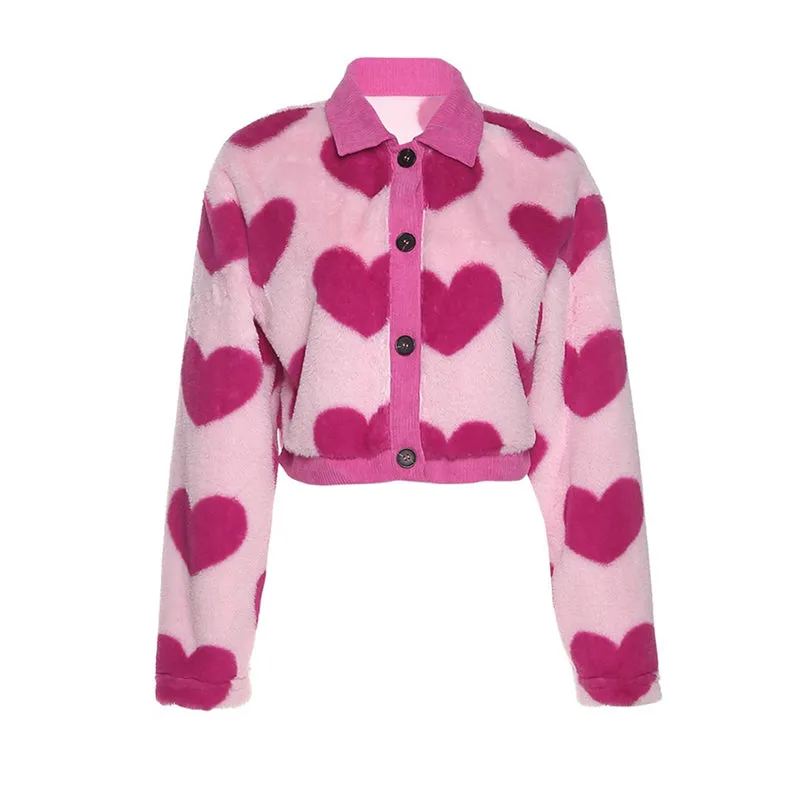 Fuzzy Pink Love Heart Pattern Plush Cropped Jackets