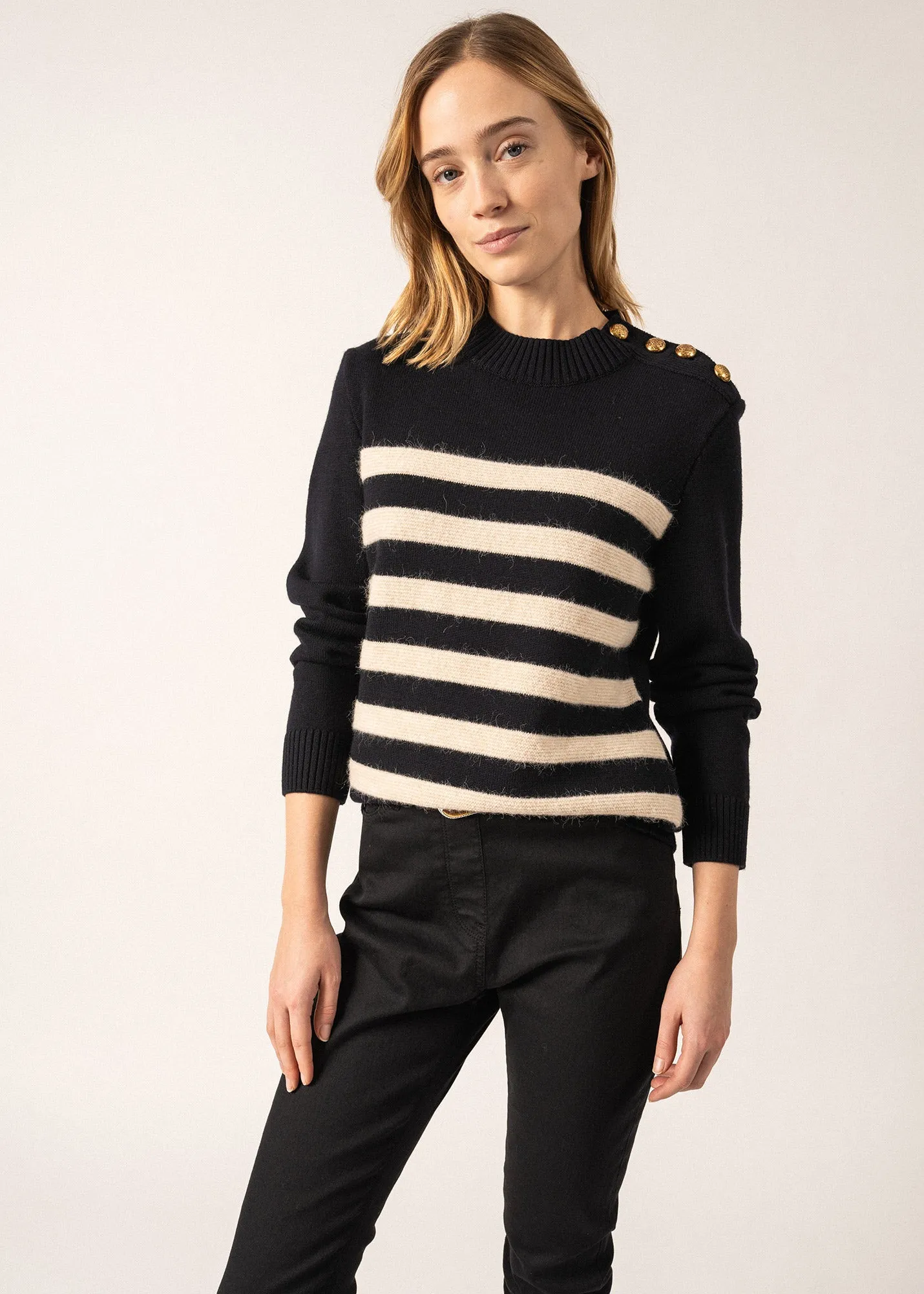 GALA - Striped Sweater With Shank Button Shoulder | 100% Textured Wool (NAVY / IVORY)