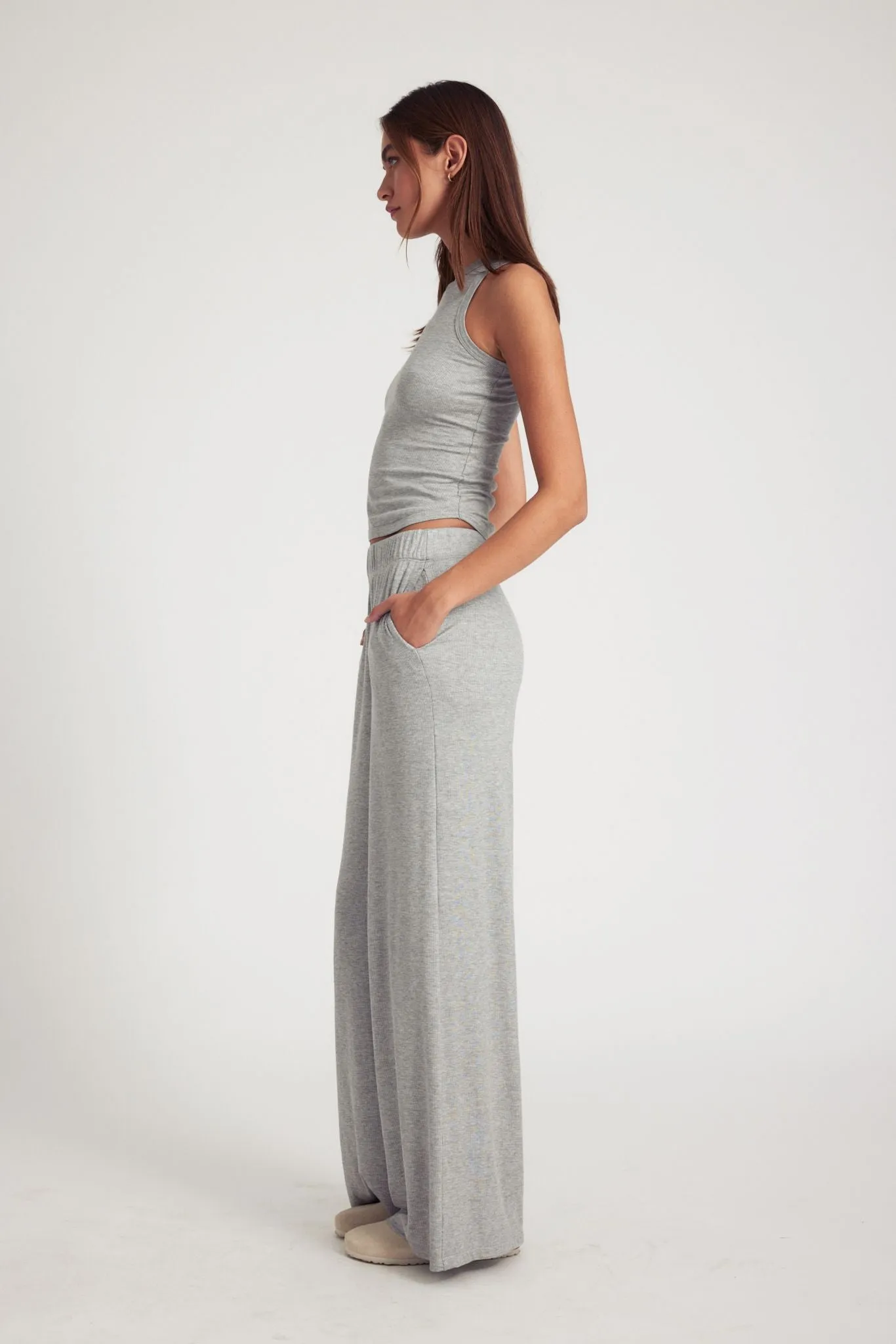 Heather Grey Rib Wide Leg Pants