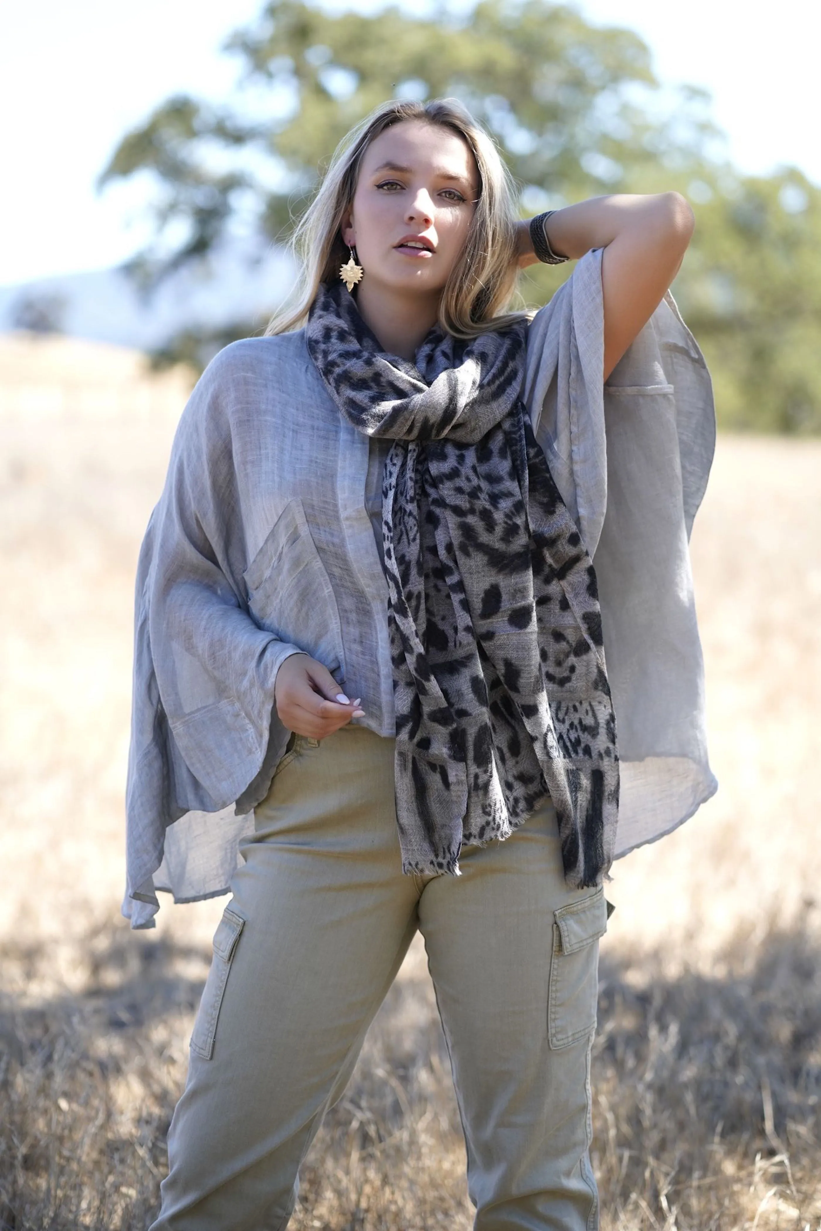 Himalayan Leopard Print Wool Scarf/Wrap Grey