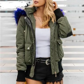 Hooded Fur Waist Length Zipper Front Bomber Jacket in 3 Colours