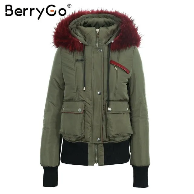 Hooded Fur Waist Length Zipper Front Bomber Jacket in 3 Colours