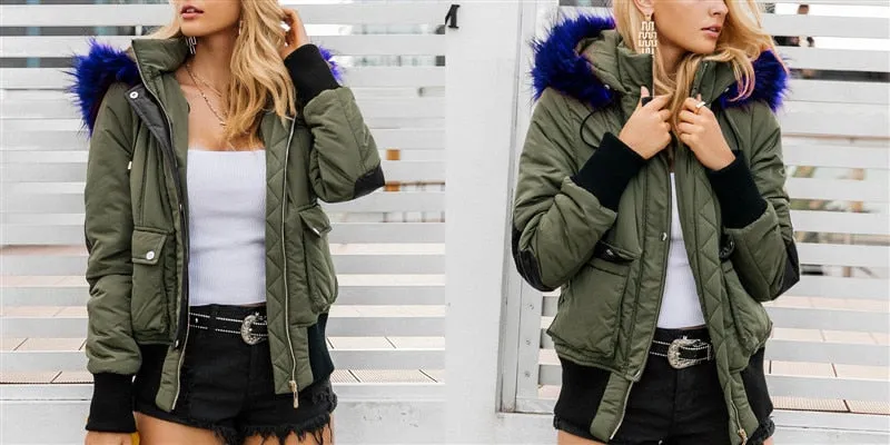 Hooded Fur Waist Length Zipper Front Bomber Jacket in 3 Colours