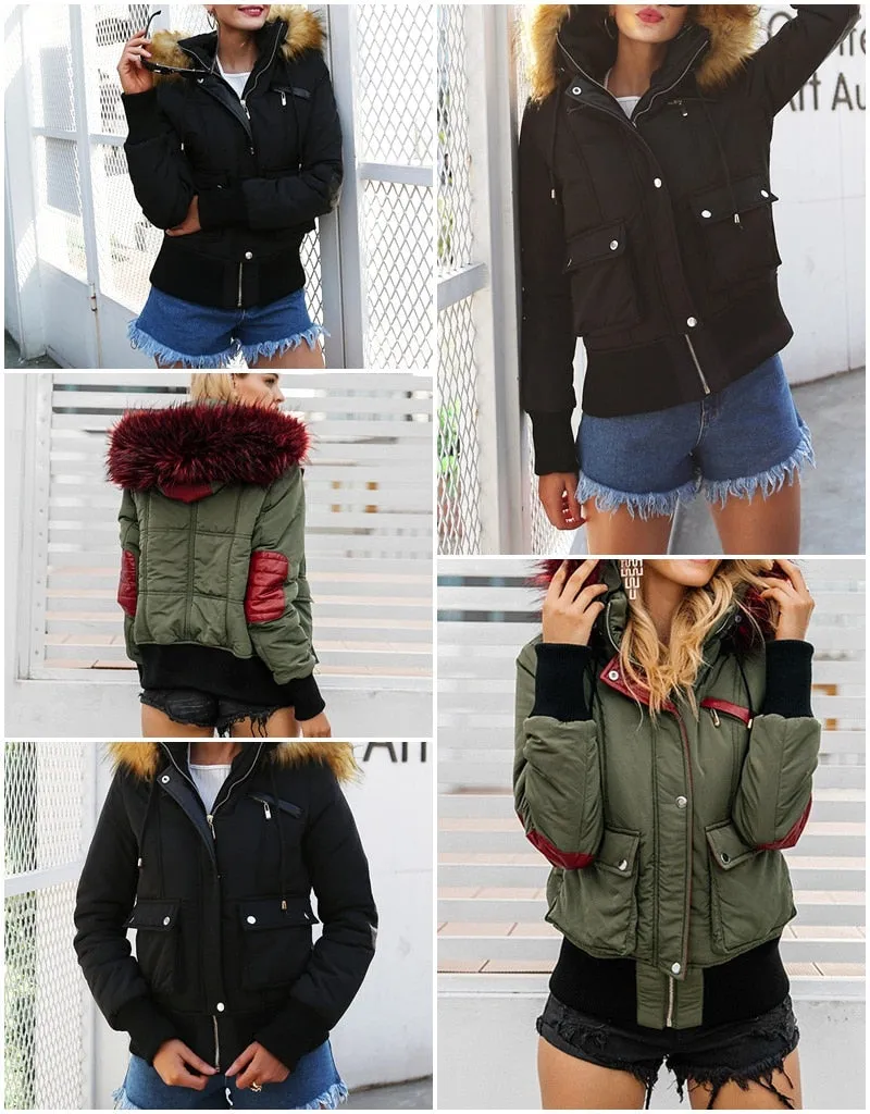 Hooded Fur Waist Length Zipper Front Bomber Jacket in 3 Colours