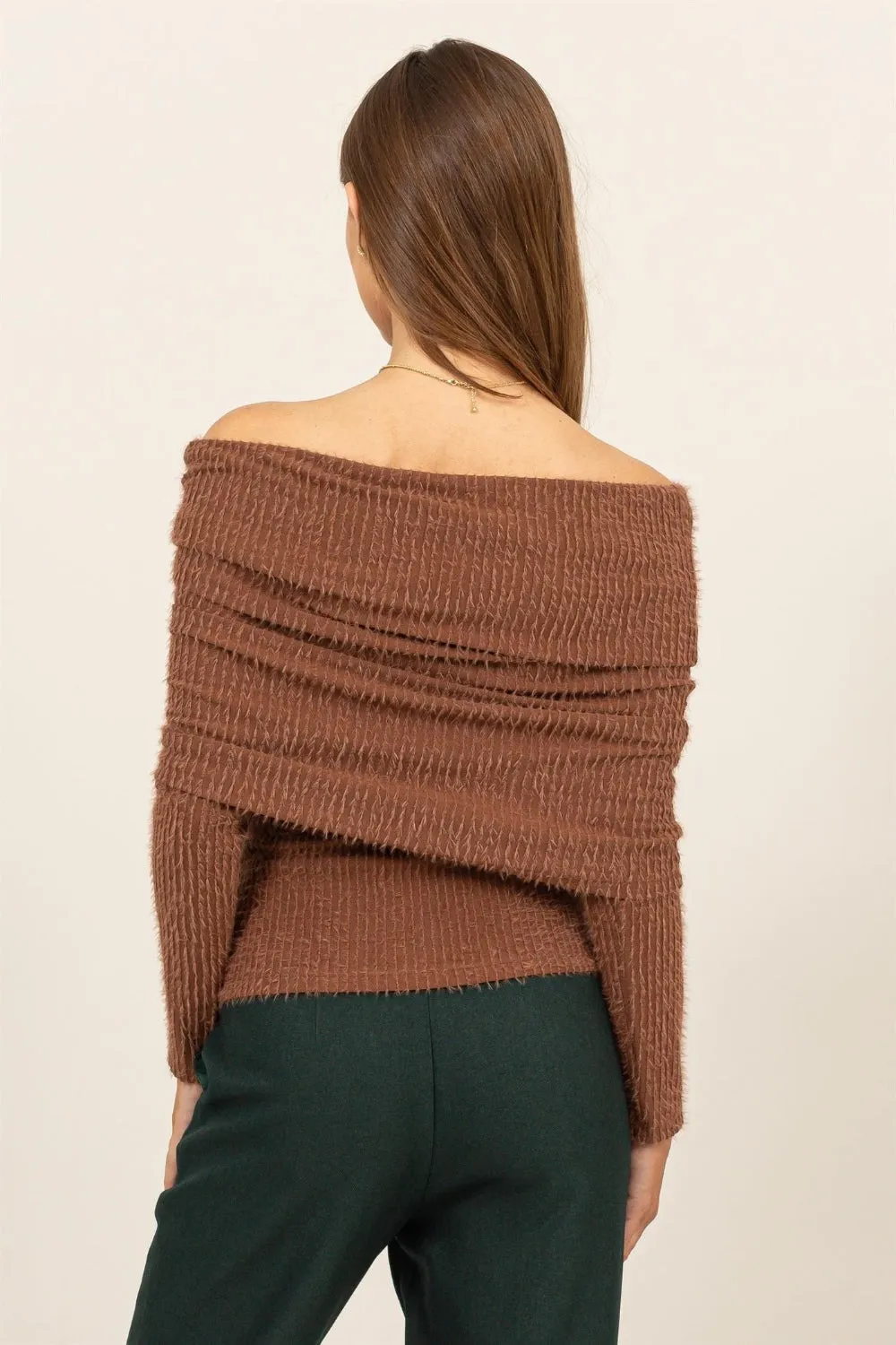 HYFVE Fuzzy Off Shoulder Textured Knit Top