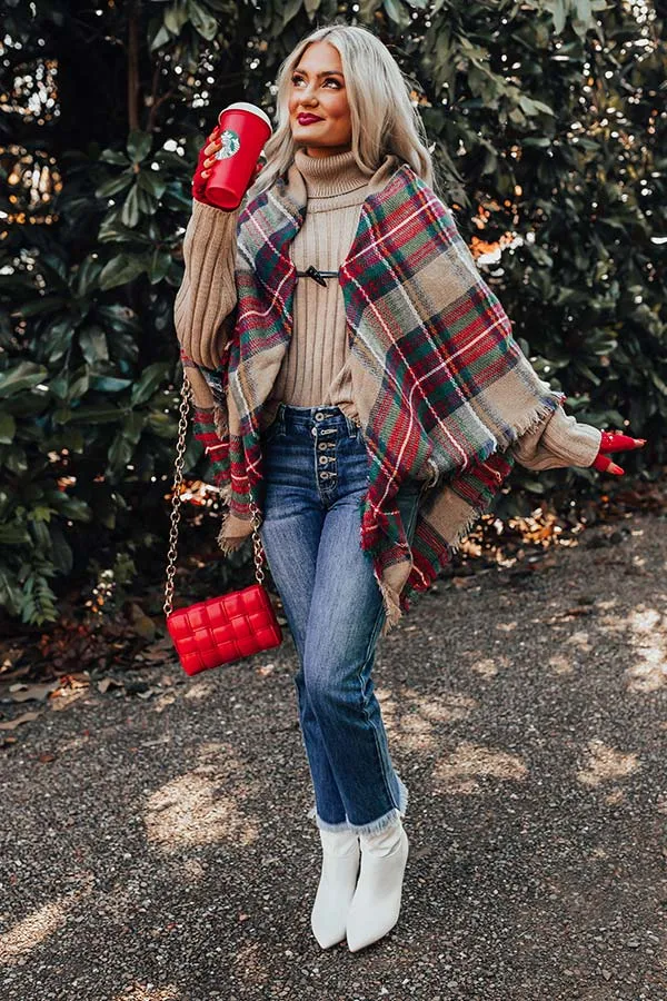 Infinitely Cozy Plaid Poncho in Khaki