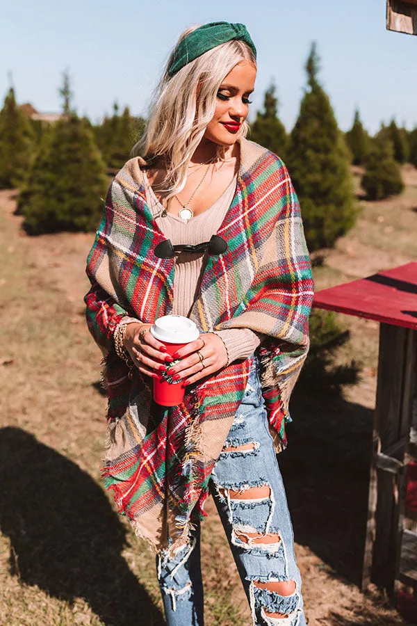 Infinitely Cozy Plaid Poncho in Khaki