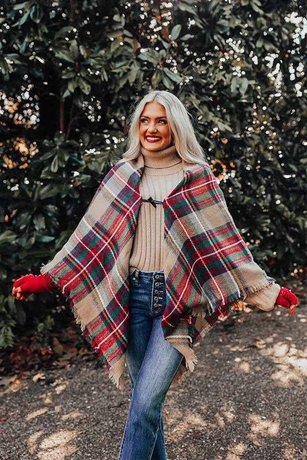 Infinitely Cozy Plaid Poncho in Khaki