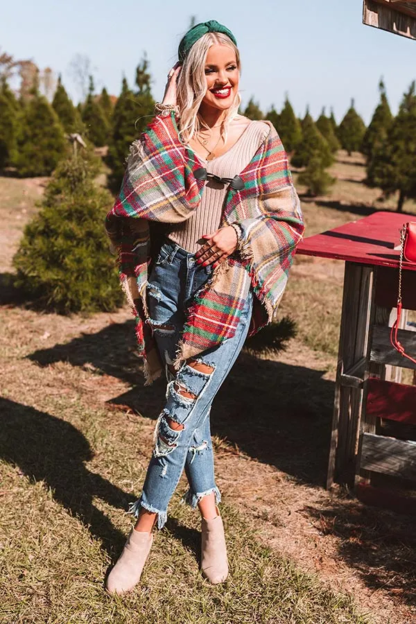 Infinitely Cozy Plaid Poncho in Khaki