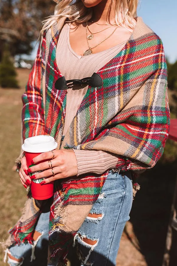 Infinitely Cozy Plaid Poncho in Khaki