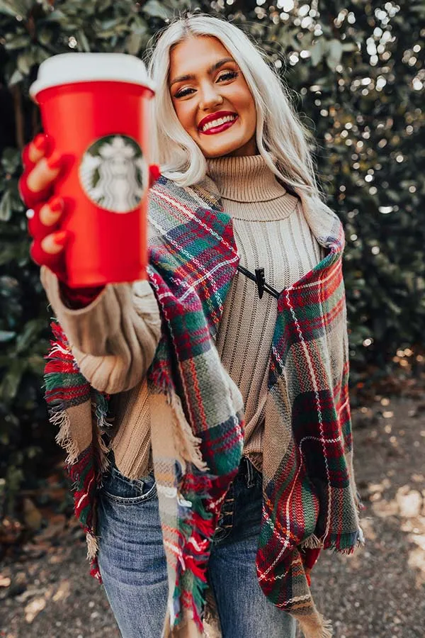 Infinitely Cozy Plaid Poncho in Khaki