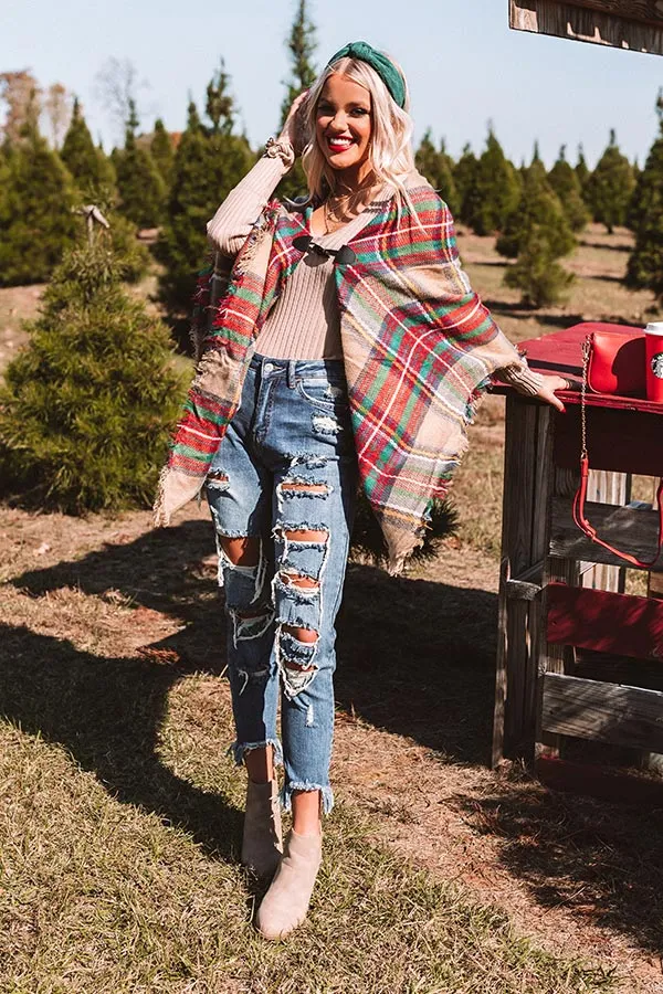 Infinitely Cozy Plaid Poncho in Khaki