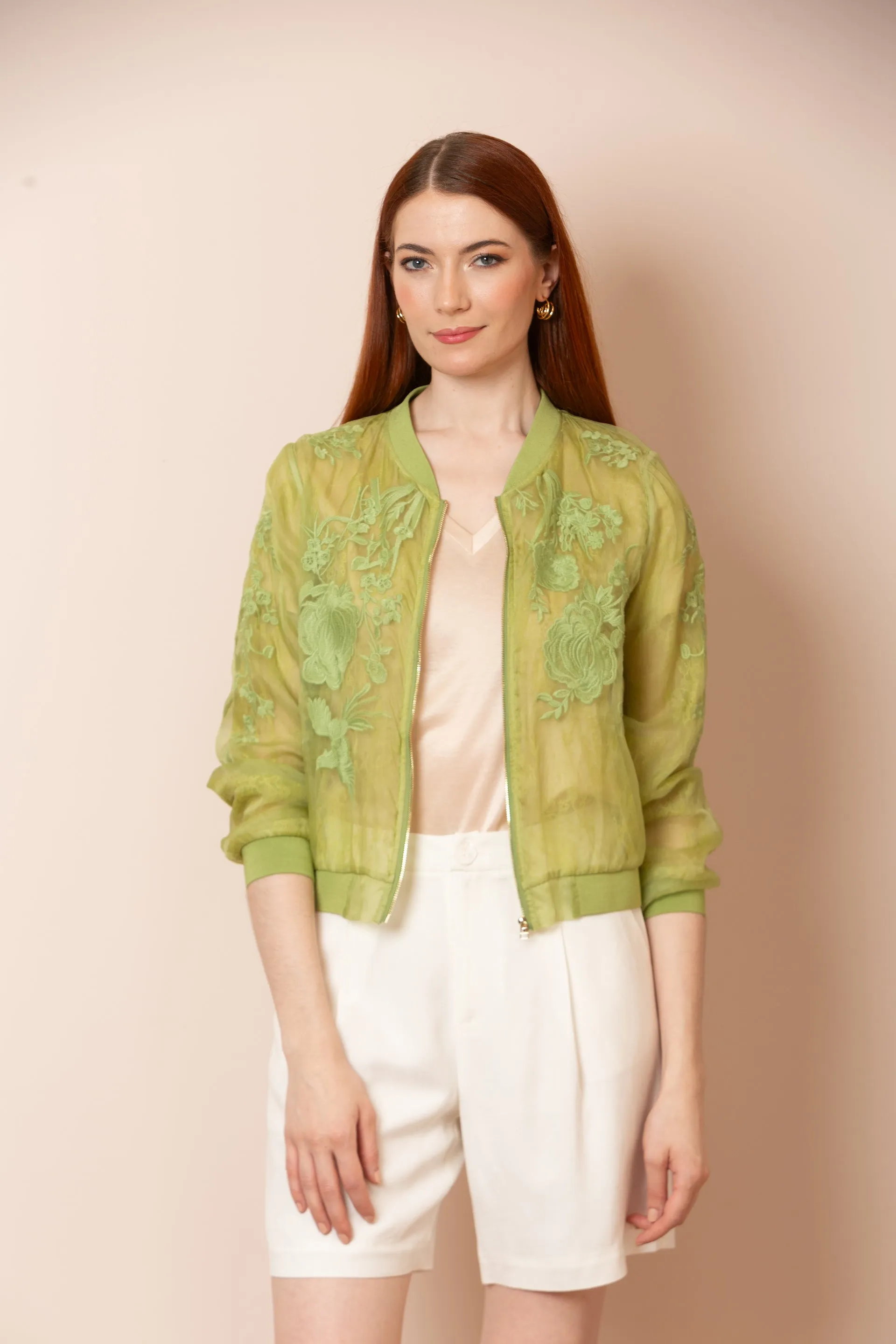 Iris Tulle Lace Combo Bomber Jacket in Green