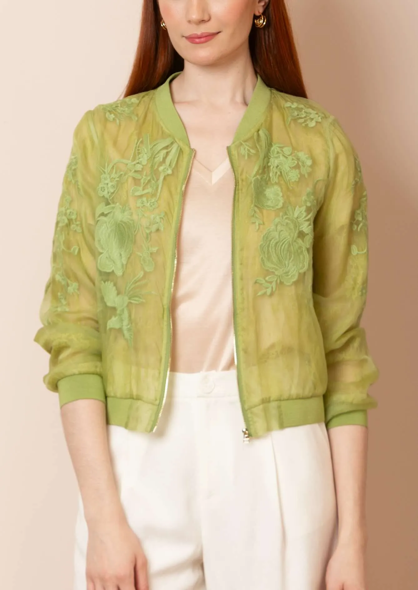 Iris Tulle Lace Combo Bomber Jacket in Green