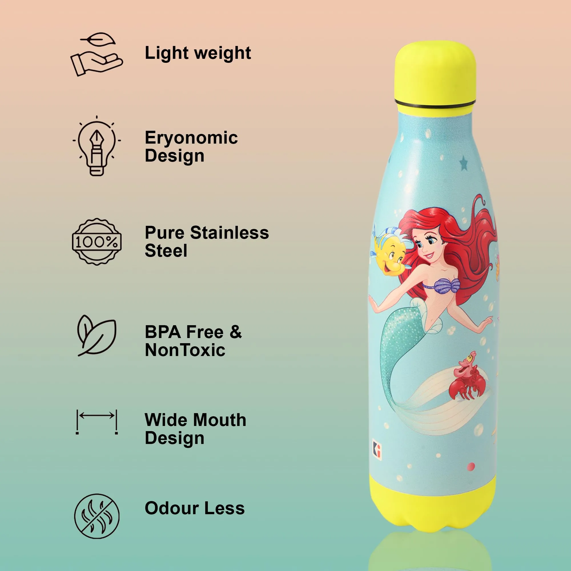 Kuber Industries 500 ml Water Bottle with 2 Lids | Disney Mermaid | Stainless Steel Bottle for Travel & Sports | BPA-Free Insulated Sipper Bottle for Adults & Kids with Straw | Sky Blue | Pack of 4