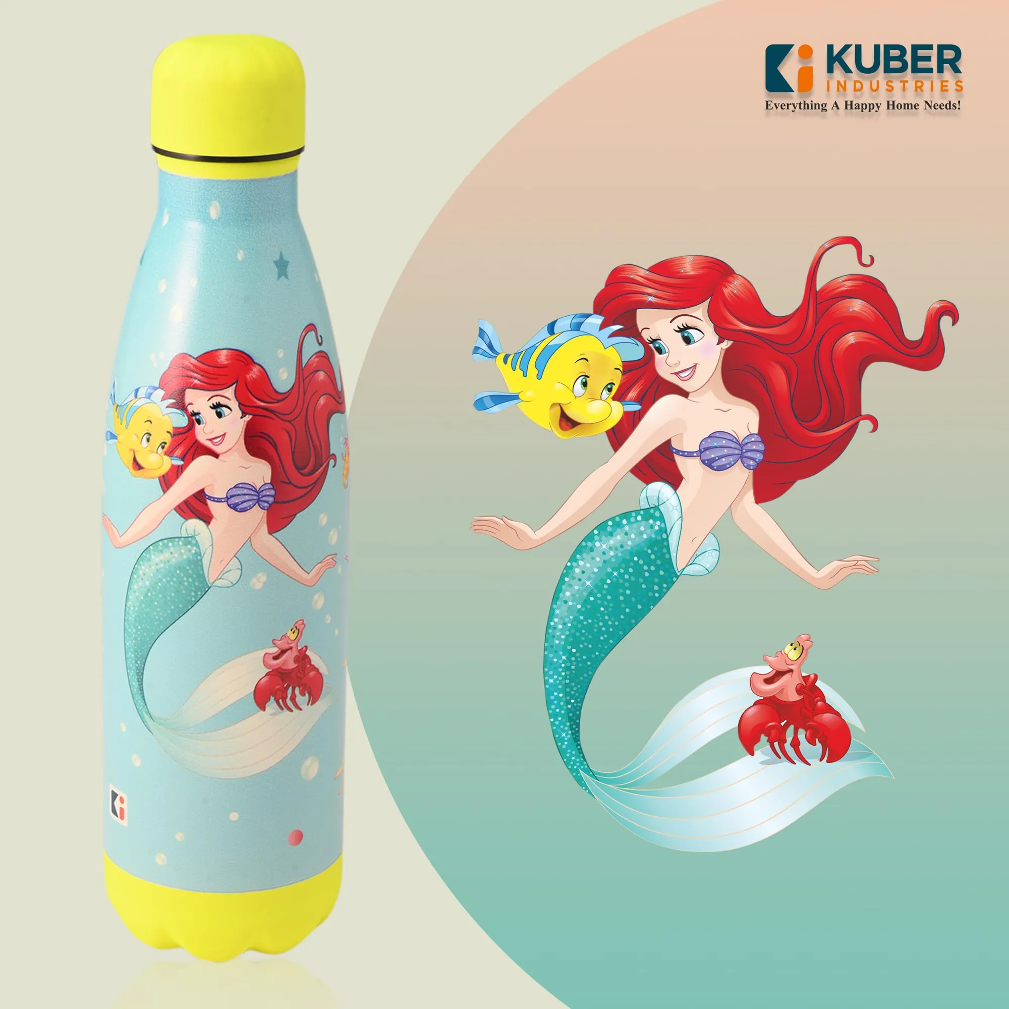 Kuber Industries 500 ml Water Bottle with 2 Lids | Disney Mermaid | Stainless Steel Bottle for Travel & Sports | BPA-Free Insulated Sipper Bottle for Adults & Kids with Straw | Sky Blue | Pack of 4