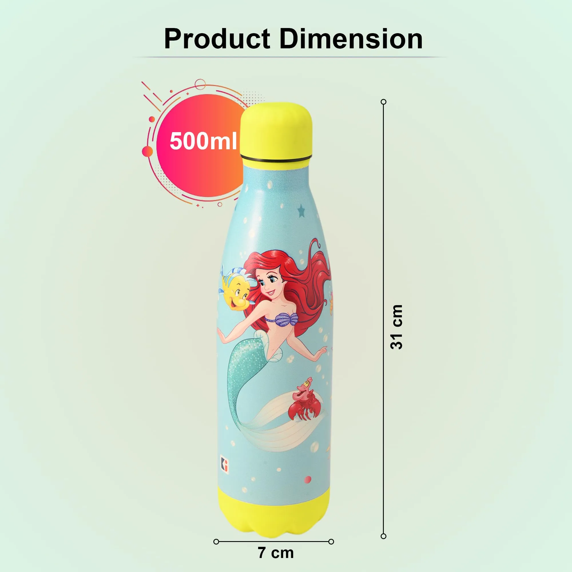 Kuber Industries 500 ml Water Bottle with 2 Lids | Disney Mermaid | Stainless Steel Bottle for Travel & Sports | BPA-Free Insulated Sipper Bottle for Adults & Kids with Straw | Sky Blue | Pack of 4