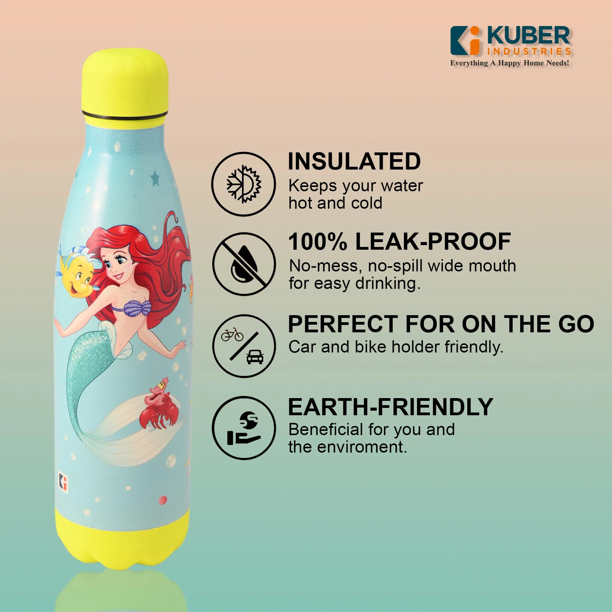 Kuber Industries 500 ml Water Bottle with 2 Lids | Disney Mermaid | Stainless Steel Bottle for Travel & Sports | BPA-Free Insulated Sipper Bottle for Adults & Kids with Straw | Sky Blue | Pack of 4