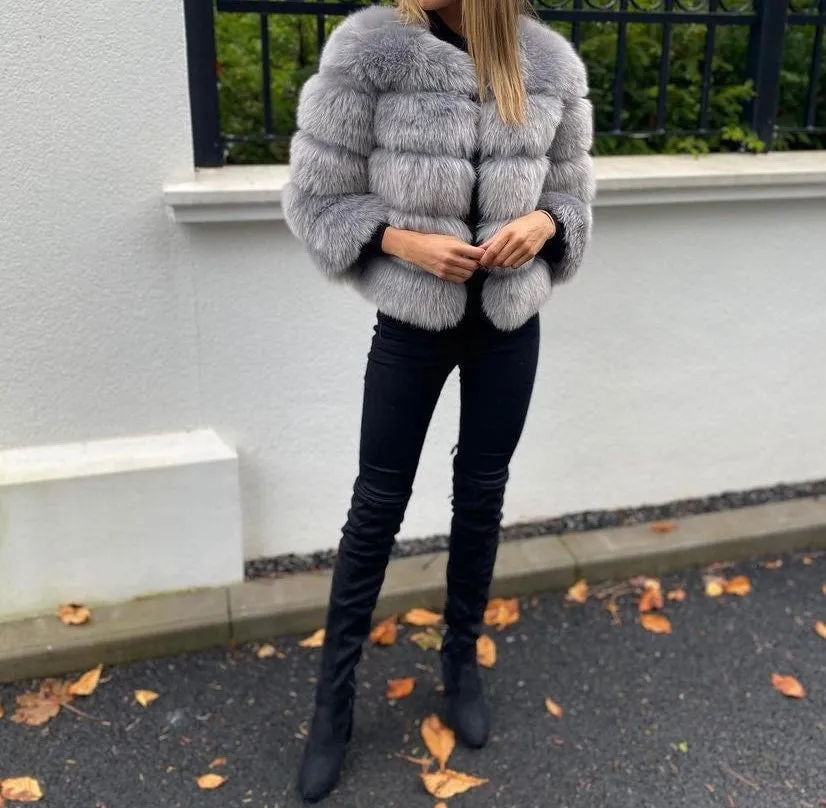 Light Grey Classic 5 Row Faux Fur Jacket