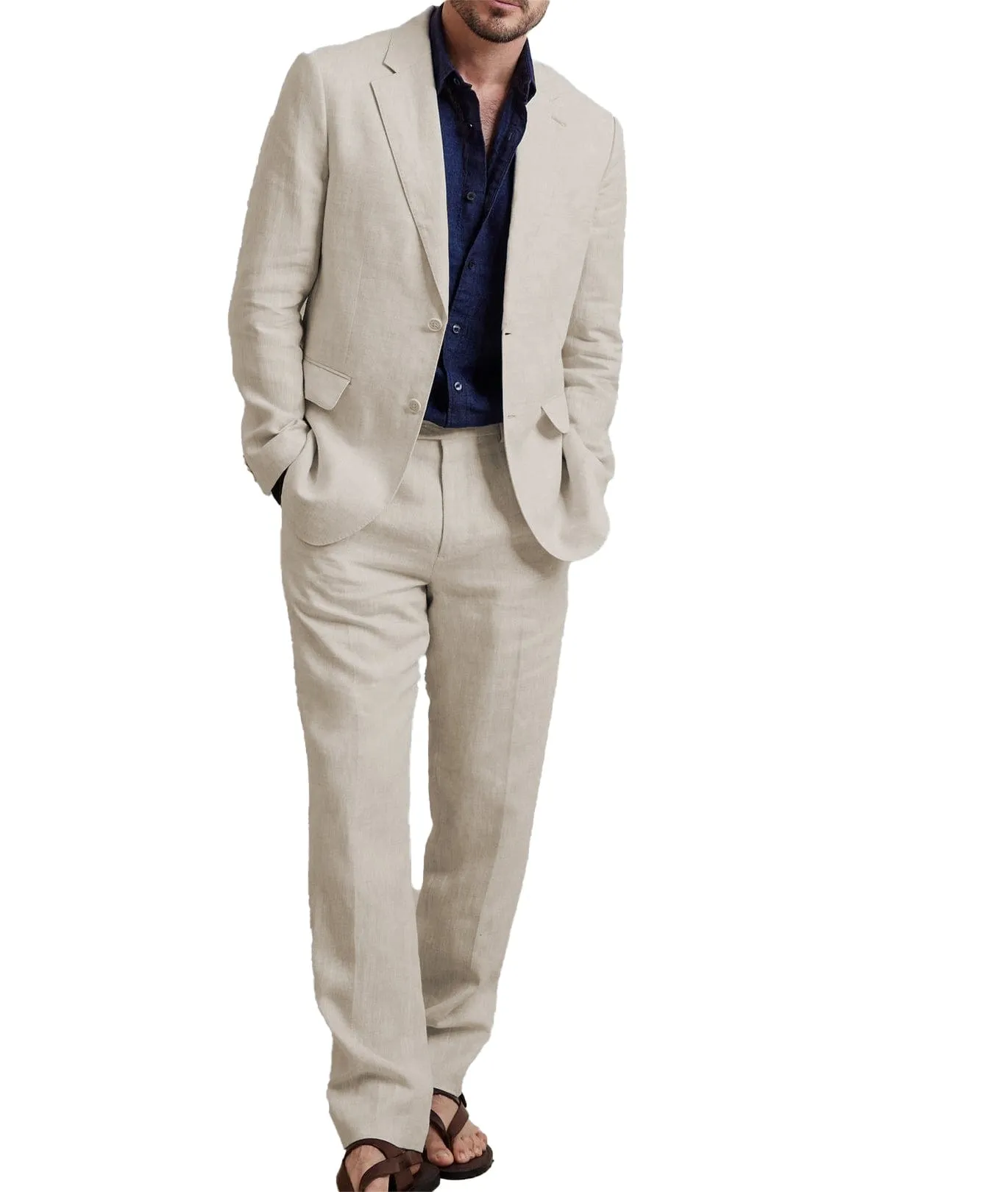 Linen Fashion Leisure Notch Lapel for Men Casual Suit (Blazer Pants）