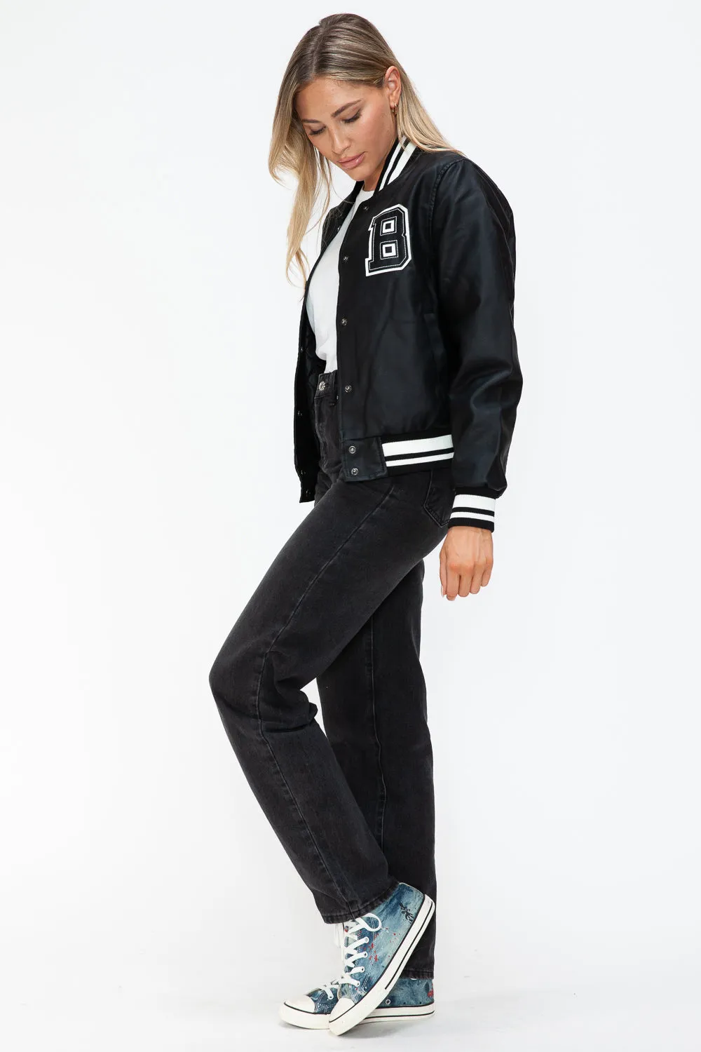 Love Me Now PU Leather Contrast Snap Down Bomber Jacket