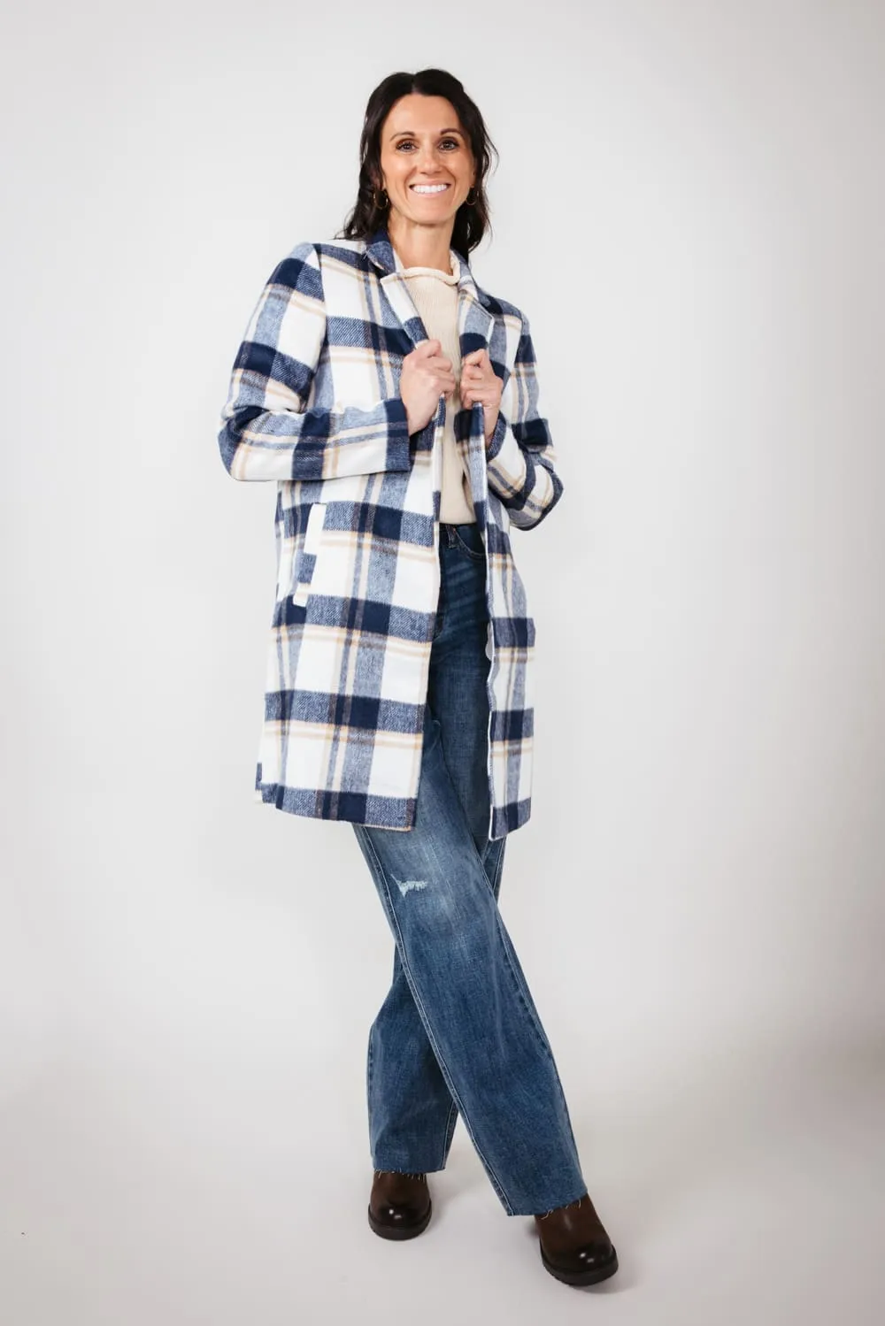 Love Tree Plaid Full Length Coat for Women in Navy | 80173JH-NAVY