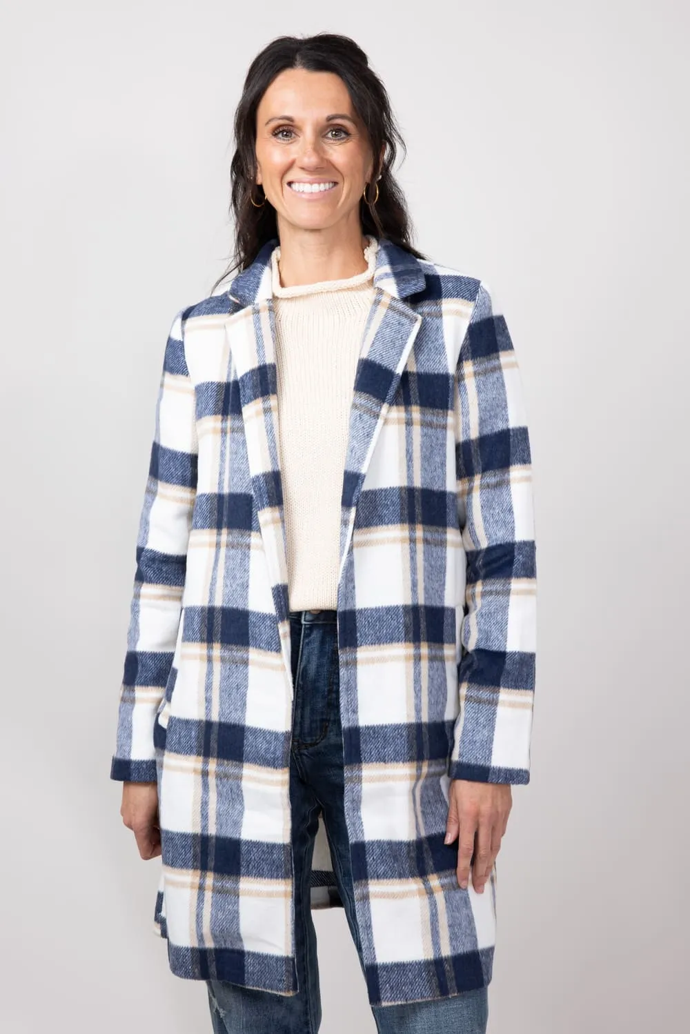 Love Tree Plaid Full Length Coat for Women in Navy | 80173JH-NAVY