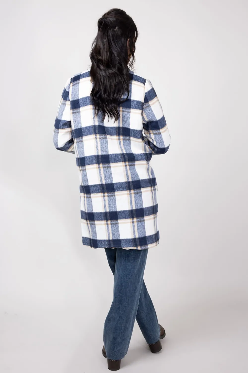 Love Tree Plaid Full Length Coat for Women in Navy | 80173JH-NAVY