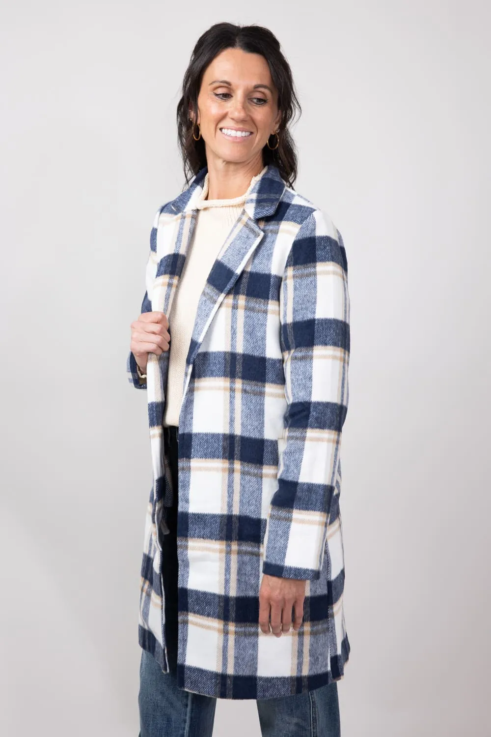 Love Tree Plaid Full Length Coat for Women in Navy | 80173JH-NAVY