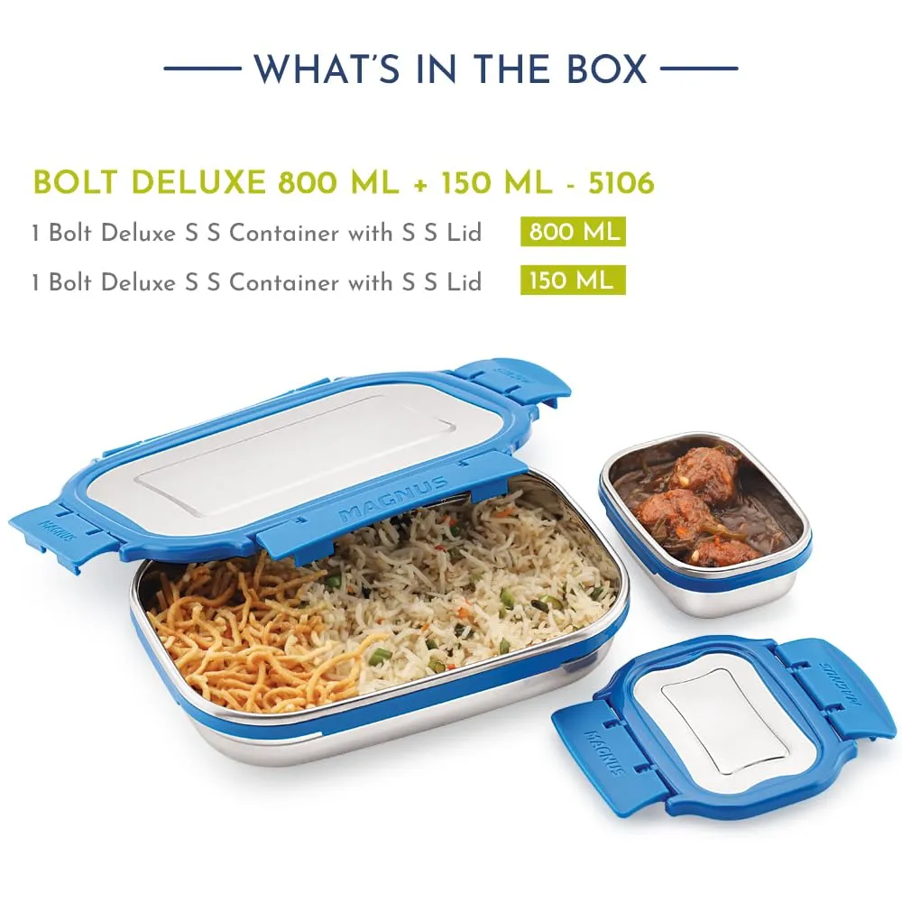 Magnus Bolt Deluxe Stainless Steel Lunch Box - Airtight & Leak Proof Tiffin (800 Ml & 150Ml) - Ideal Lunch Box for Kids, Office Men - Perfect for School, Office and Picnic (Blue)