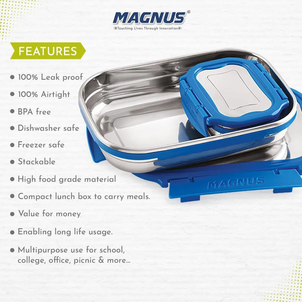 Magnus Bolt Deluxe Stainless Steel Lunch Box - Airtight & Leak Proof Tiffin (800 Ml & 150Ml) - Ideal Lunch Box for Kids, Office Men - Perfect for School, Office and Picnic (Blue)