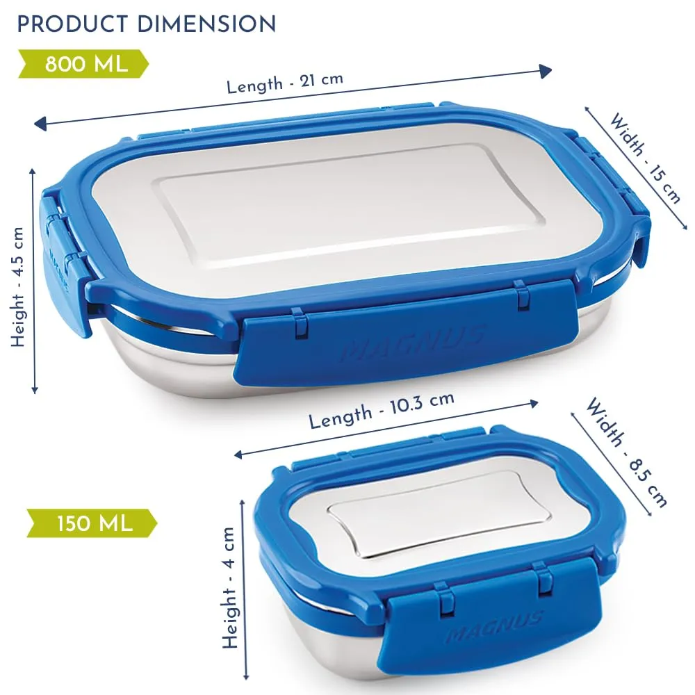 Magnus Bolt Deluxe Stainless Steel Lunch Box - Airtight & Leak Proof Tiffin (800 Ml & 150Ml) - Ideal Lunch Box for Kids, Office Men - Perfect for School, Office and Picnic (Blue)