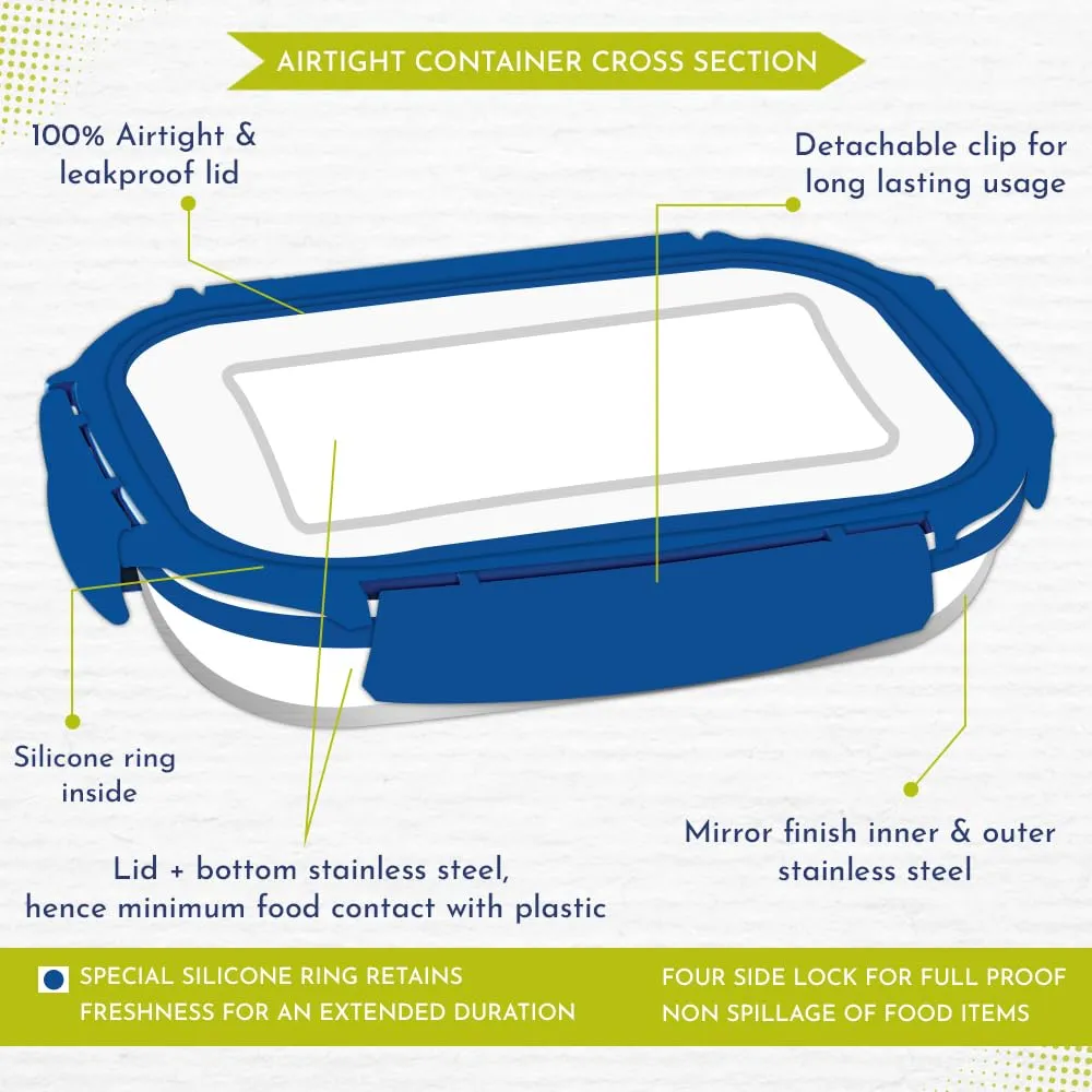 Magnus Bolt Deluxe Stainless Steel Lunch Box - Airtight & Leak Proof Tiffin (800 Ml & 150Ml) - Ideal Lunch Box for Kids, Office Men - Perfect for School, Office and Picnic (Blue)