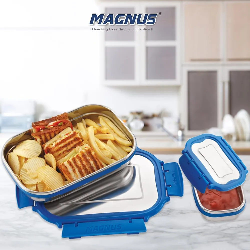 Magnus Bolt Deluxe Stainless Steel Lunch Box - Airtight & Leak Proof Tiffin (800 Ml & 150Ml) - Ideal Lunch Box for Kids, Office Men - Perfect for School, Office and Picnic (Blue)