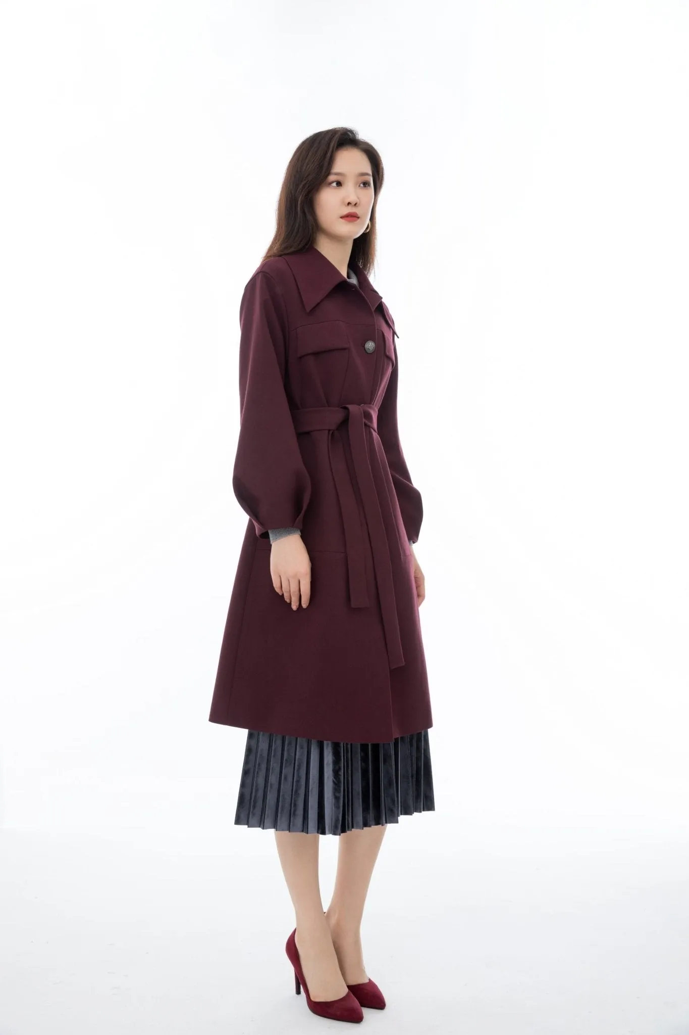 Maroon Long Overcoats Belted