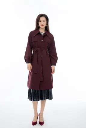 Maroon Long Overcoats Belted