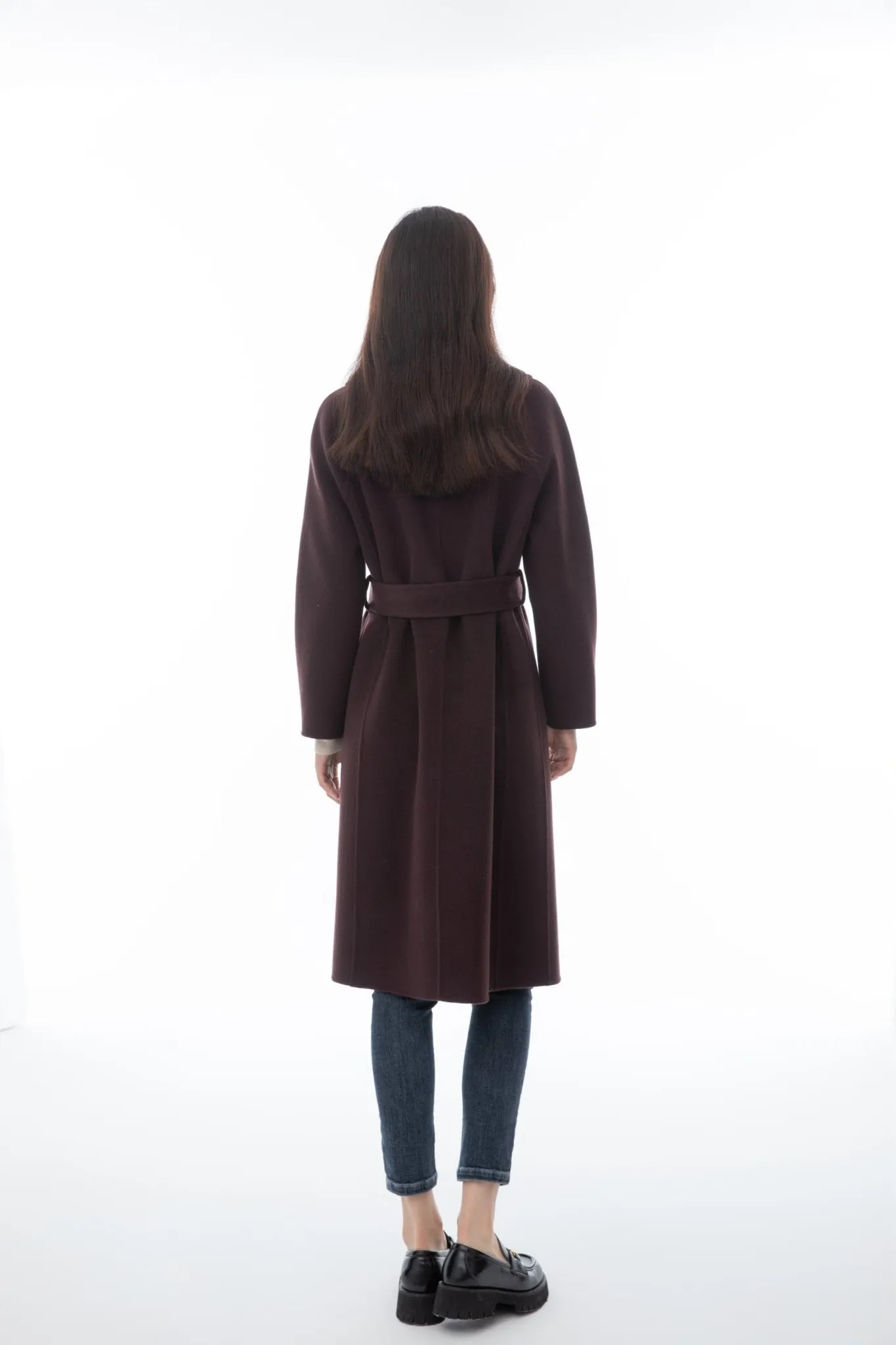 Maroon Wool Long Overcoats with Waistband