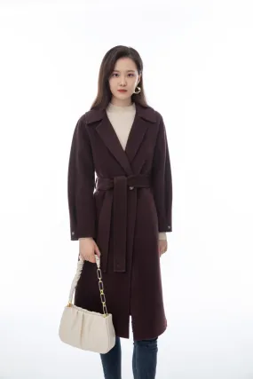 Maroon Wool Long Overcoats with Waistband